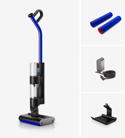 Dyson WASHG1 black electric mop for home cleaning, showing the sleek black design and cleaning head in use.