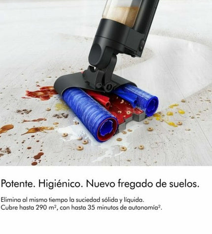 Dyson WASHG1 black electric mop for home cleaning, featuring a sleek black design and cleaning attachments.