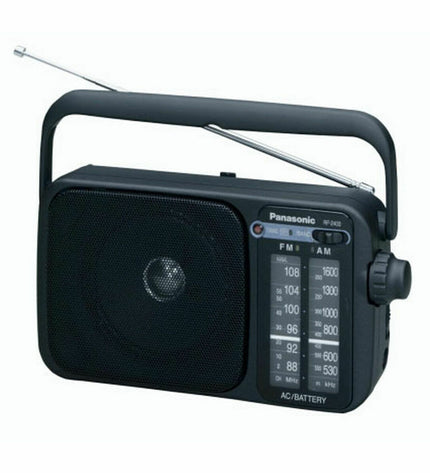Panasonic RF-2400D Bluetooth transistor radio with vintage design, electronic toy and game, featuring a compact shape and control buttons.