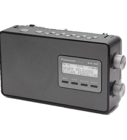 Panasonic RF-D10EG-K Bluetooth CD/MP3 player with digital display, black plastic casing, and control buttons for playing music.