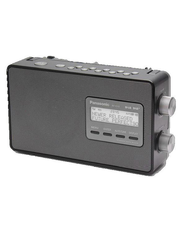 Panasonic RF-D10EG-K Bluetooth CD/MP3 player with digital display, black plastic casing, and control buttons for playing music.