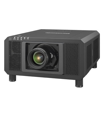 Panasonic PT-RZ12KEJ projector with 12000 lumens in a home theater setup, showing the projector's front view and lens.