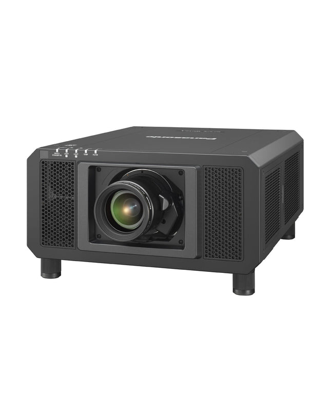 Panasonic PT-RZ12KEJ projector with 12000 lumens in a home theater setup, showing the projector's front view and lens.