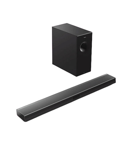 Panasonic SC-HTB600EGK soundbar in black with front grille, showcasing its sleek audio design and compact size.