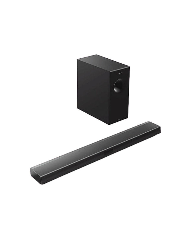 Panasonic SC-HTB600EGK soundbar in black with front grille, showcasing its sleek audio design and compact size.
