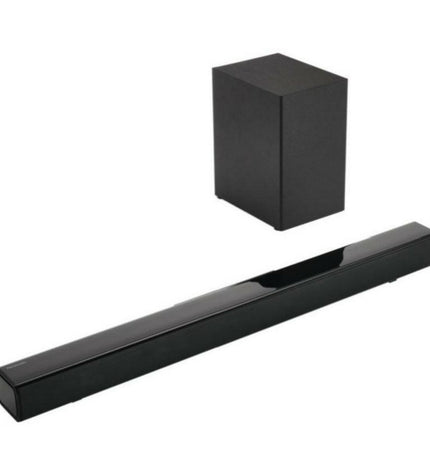 Panasonic soundbar in black with 100W RMS output, compact electronic audio and hi-fi equipment for home theater setup.