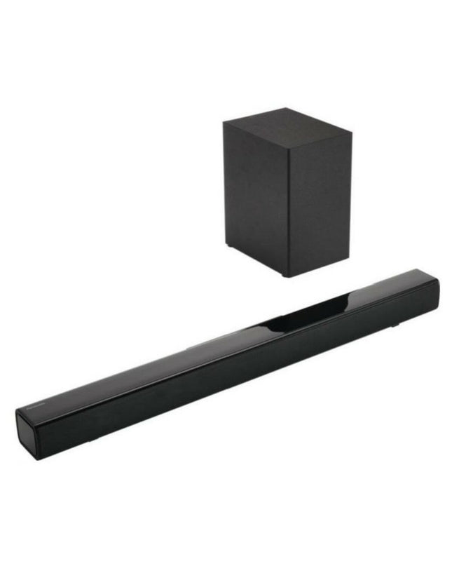 Panasonic soundbar in black with 100W RMS output, compact electronic audio and hi-fi equipment for home theater setup.
