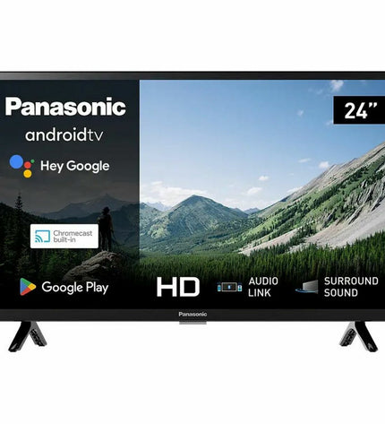 Panasonic TX24MSW504 HD HDR LCD Smart TV displaying a colorful screen, compact design, and sleek black frame.