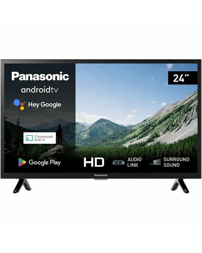 Panasonic TX24MSW504 HD HDR LCD Smart TV displaying a colorful screen, compact design, and sleek black frame.