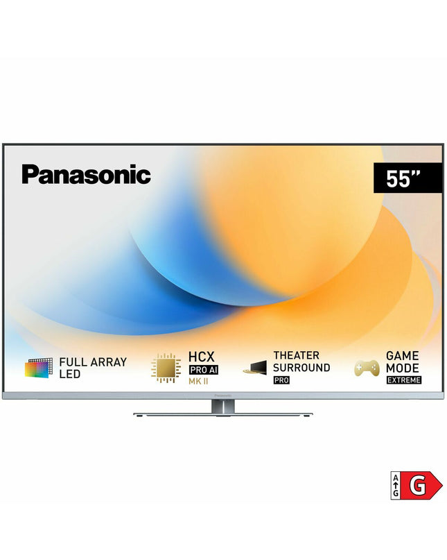 Panasonic 55-inch LED 4K Ultra HD Smart TV displaying a vibrant home screen with app icons and a sleek black bezel.