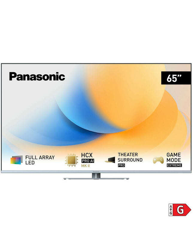 Panasonic 65-inch LED Smart TV with sleek design, displaying vibrant colors and a thin bezel for home entertainment setup.