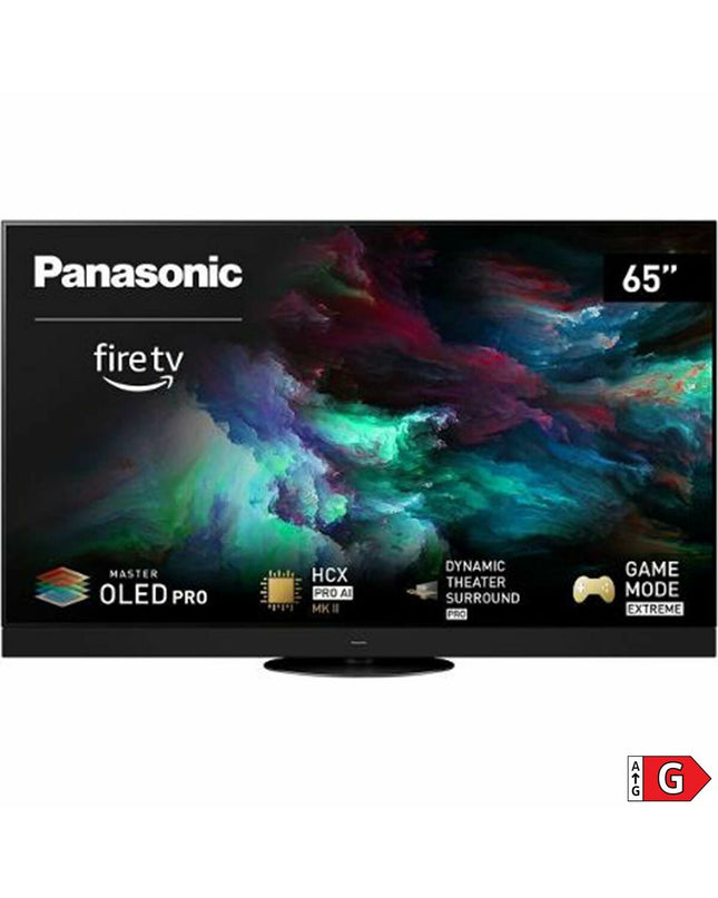 Panasonic 65-inch OLED 4K Ultra HD Smart TV with sleek design and slim bezels, perfect for home entertainment and video streaming.