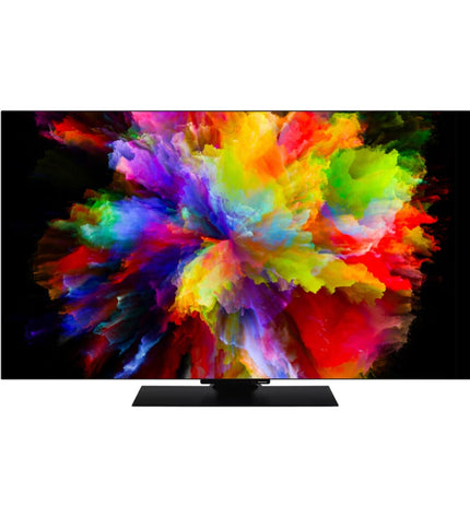 Panasonic 65-inch 4K Ultra HD OLED Smart TV with HDR and NVIDIA G-SYNC, sleek black screen in a modern living room setting