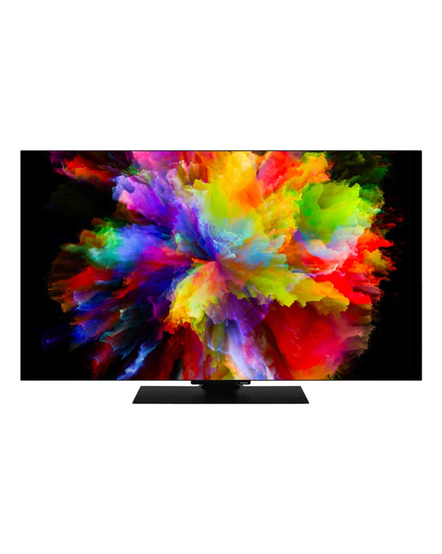 Panasonic 65-inch 4K Ultra HD OLED Smart TV with HDR and NVIDIA G-SYNC, sleek black screen in a modern living room setting