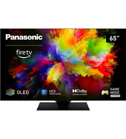 Panasonic 65-inch 4K Ultra HD OLED Smart TV with HDR, NVIDIA G-SYNC, and sleek black display in a modern living room setting