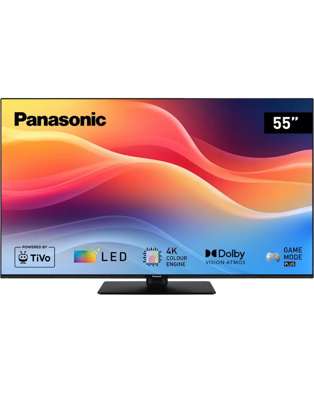 Panasonic Smart TV TB-55W61AEZ with a sleek black screen and slim bezel, displaying vibrant colors for home entertainment.