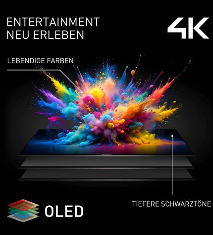 Panasonic 55-inch 4K Ultra HD OLED Smart TV showing vibrant screen with sleek black bezel for home entertainment.