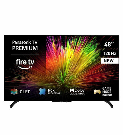 Panasonic 48-inch 4K Ultra HD HDR OLED Smart TV showing vibrant screen with sleek black frame.