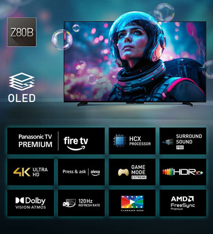 Panasonic 48-inch 4K Ultra HD OLED Smart TV with HDR, sleek black screen and slim bezels, designed for home entertainment.