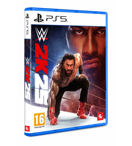 Sony PlayStation 5 console with WWE 2K25 video game, electronic plug-and-play gaming system with sleek design.