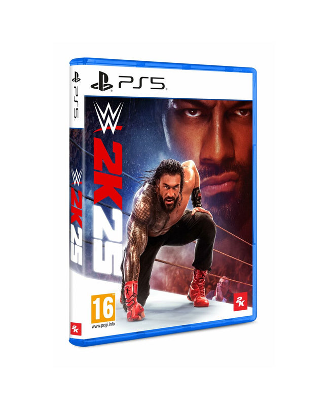 Sony PlayStation 5 console with WWE 2K25 video game, electronic plug-and-play gaming system with sleek design.