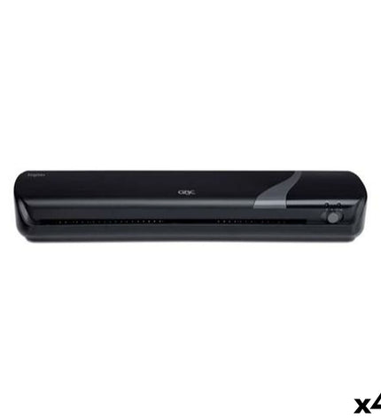 Set of four black GBC laminator machines for office use, compact design with control panel and power cord visible.