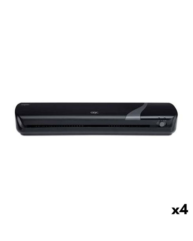 Set of four black GBC laminator machines for office use, compact design with control panel and power cord visible.