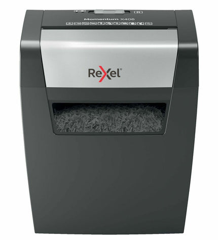Rexel Momentum X406 paper shredder with 15-liter bin, office electronics and stationery for secure document disposal