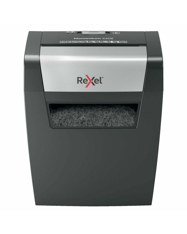 Rexel Momentum X406 paper shredder with 15-liter bin, office electronics and stationery for secure document disposal