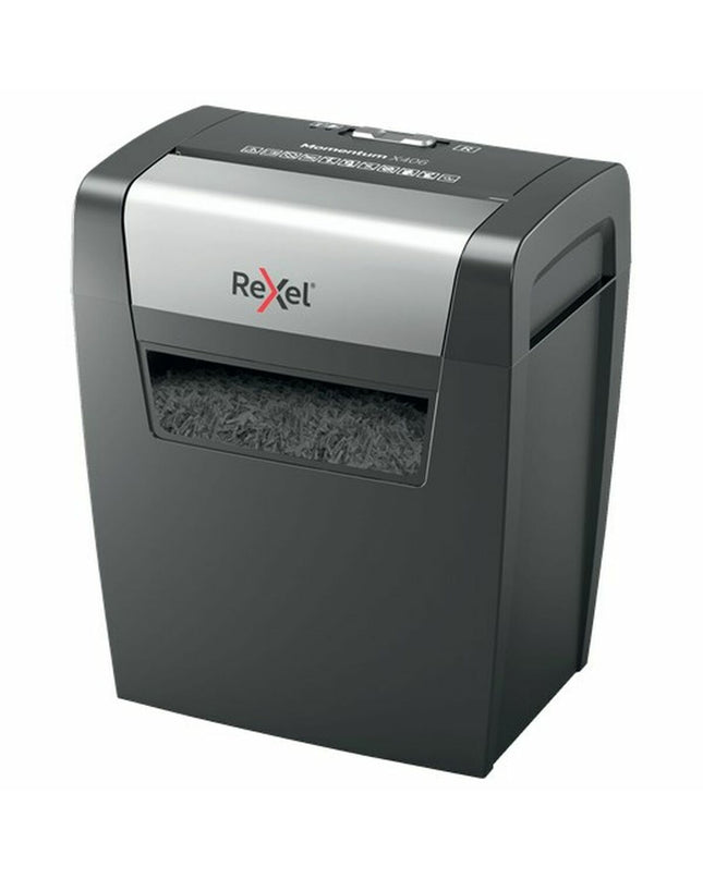 Rexel Momentum X406 paper shredder for office use, 15-liter capacity, compact electronic office electronics and stationery device.