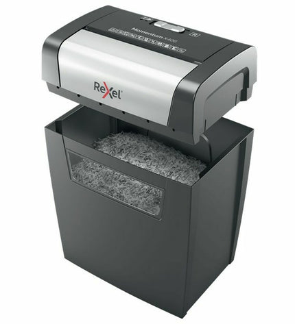 Rexel Momentum X406 paper shredder with 15-liter bin for office use, shown with paper being shredded