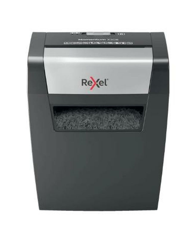 Rexel Momentum X308 paper shredder with 15-liter capacity, office electronics and office supplies for secure document disposal.