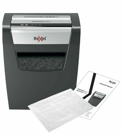 Rexel Momentum X410 paper shredder with 23-liter bin, office electronics and stationery, black and silver design.