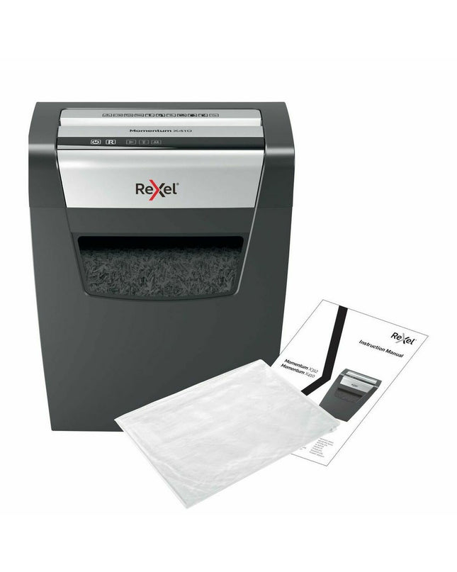 Rexel Momentum X410 paper shredder with 23-liter bin, office electronics and stationery, black and silver design.
