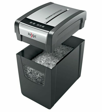 Rexel Momentum X312-SL paper shredder with 23-liter capacity, office electronics, black and silver design for secure document disposal