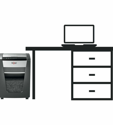 Rexel M515 30 L paper shredder microsnippers for office use, showing the shredder with paper inserted and control panel.