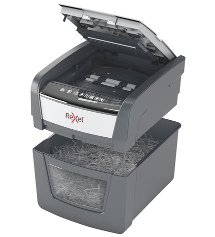 Rexel Optimum AutoFeed 45X paper shredder with 20-liter bin, office electronics and stationery for secure document disposal.