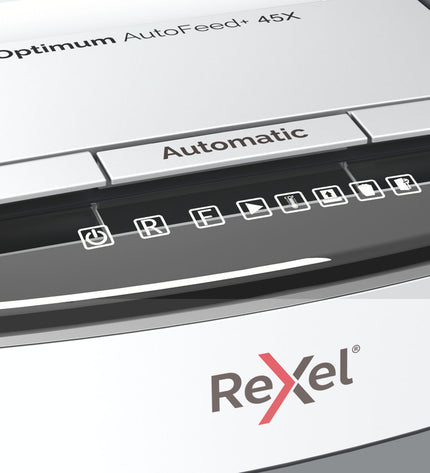 Rexel Optimum AutoFeed 45X paper shredder with 20-liter waste bin for office use, showing the shredder and paper input area.