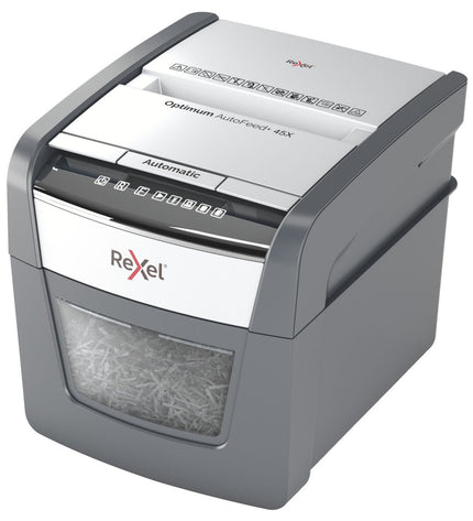 Rexel Optimum AutoFeed 45X paper shredder with 20-liter bin, suitable for office use, showing the shredder and paper feed area.