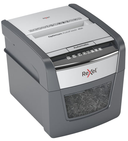 Rexel Optimum AutoFeed 45X paper shredder with 20-liter waste bin, office electronics and stationery.