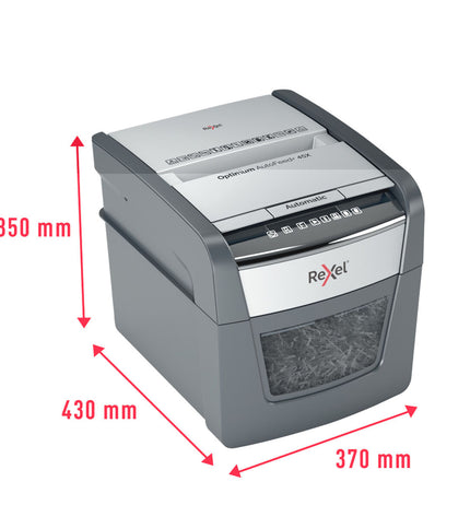 Rexel Optimum AutoFeed 45X paper shredder with 20-liter waste bin, office electronics and office supplies, close-up view.