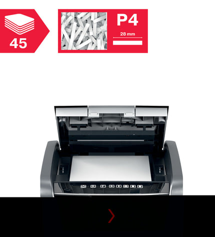 Rexel Optimum AutoFeed 45X paper shredder with 20-liter bin, office electronics and office supplies in a workspace.