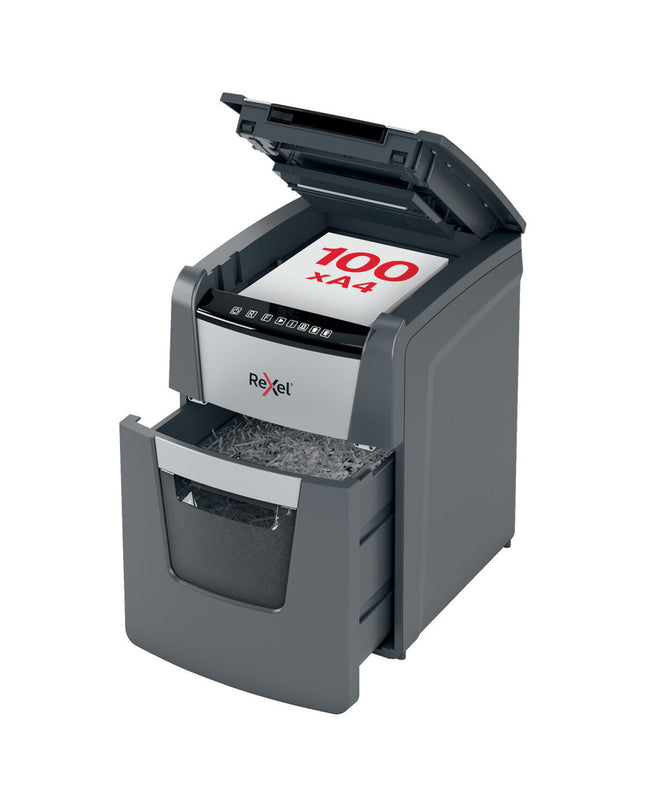 Rexel Optimum Auto+ paper shredder microsnippers for office documents, with compact design and electronic controls.