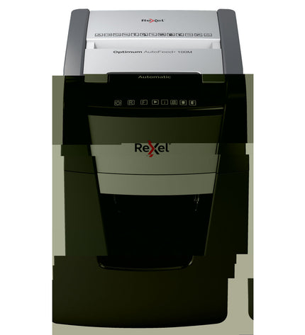 Rexel Optimum Auto+ 100M paper shredder microsnippers in black for office use, with visible blades and compact design.