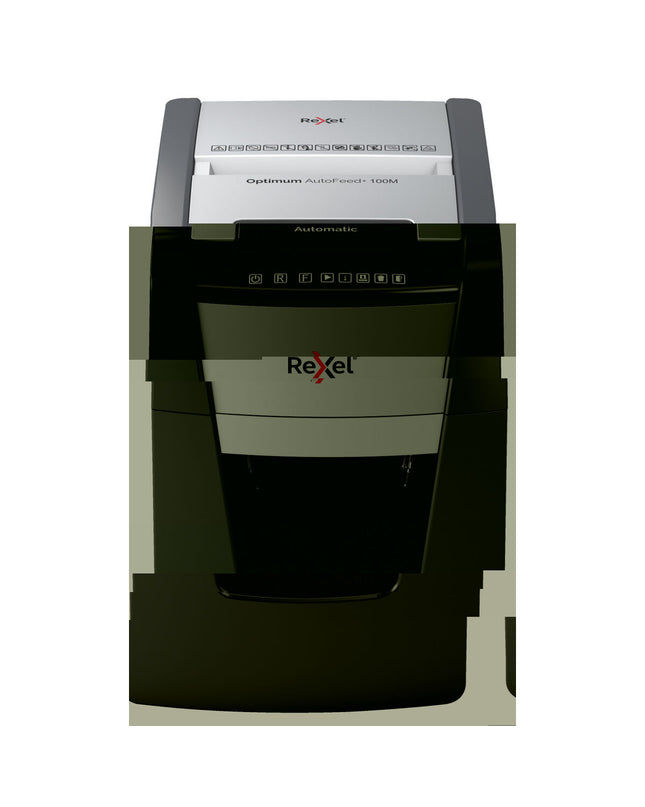 Rexel Optimum Auto+ 100M paper shredder microsnippers in black for office use, with visible blades and compact design.