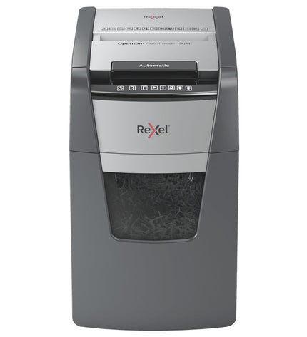 Rexel Optimum AutoFeed 150M paper shredder microsnippers for office use, shown with paper sheets ready for shredding.
