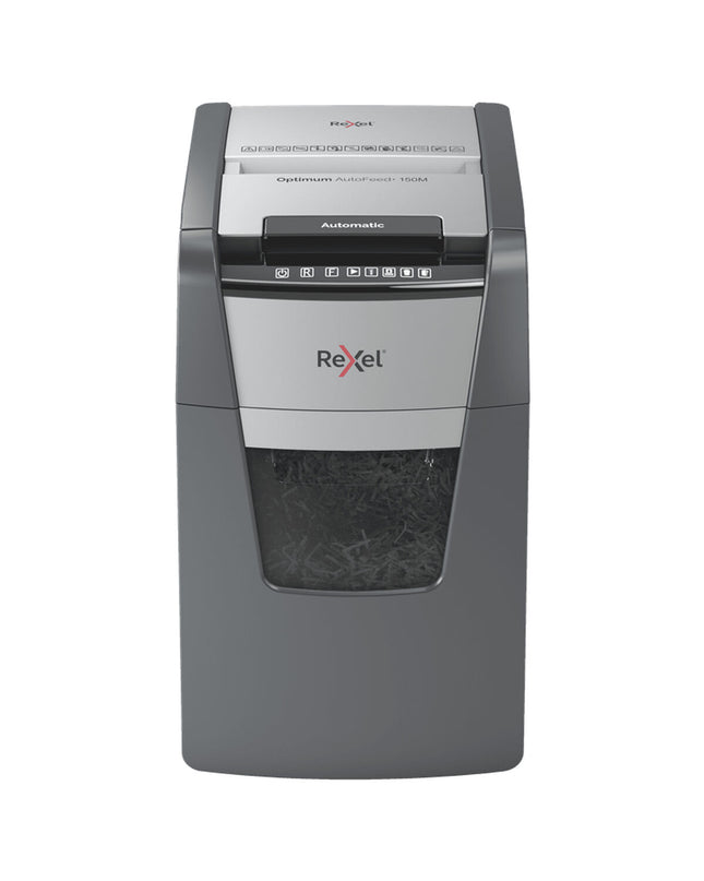 Rexel Optimum AutoFeed 150M paper shredder microsnippers for office use, shown with paper sheets ready for shredding.