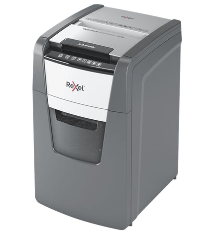 Rexel Optimum AutoFeed 150M paper shredder with sleek design, office electronics, and automatic paper feeding system.