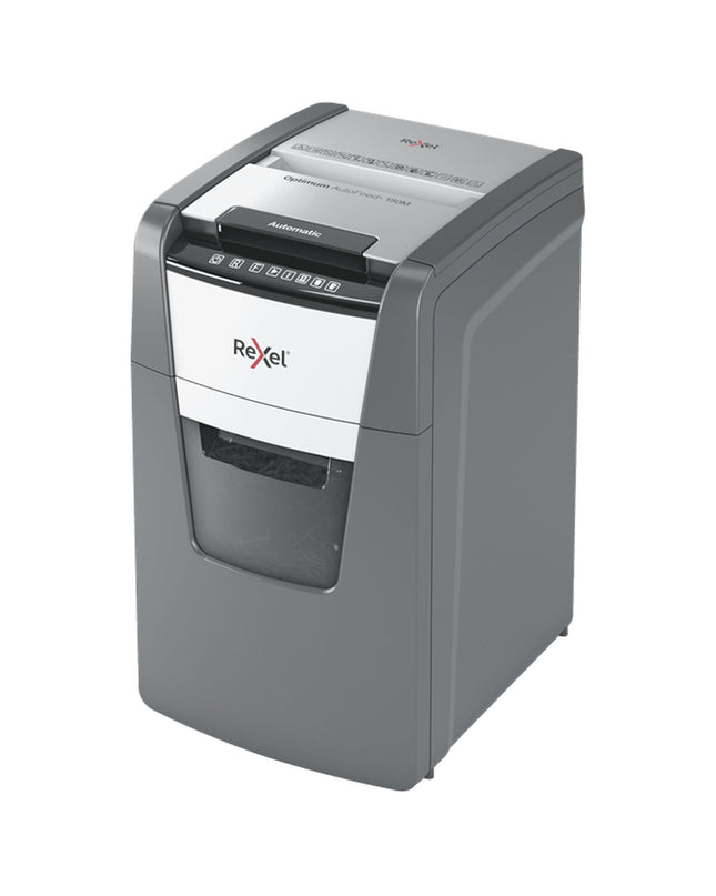 Rexel Optimum AutoFeed 150M paper shredder with sleek design, office electronics, and automatic paper feeding system.