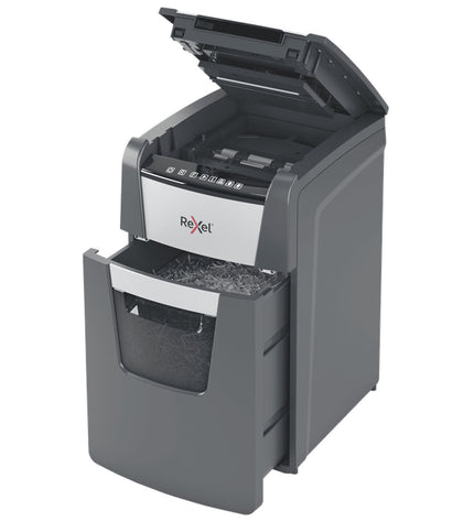 Rexel Optimum AutoFeed 150M paper shredder microsnippers for office use, showing shredder blades and paper in action.
